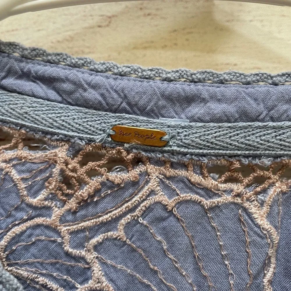 FREE PEOPLE EMBROIDERED HENLEY THERMAL‎ TOP IN BLUE
